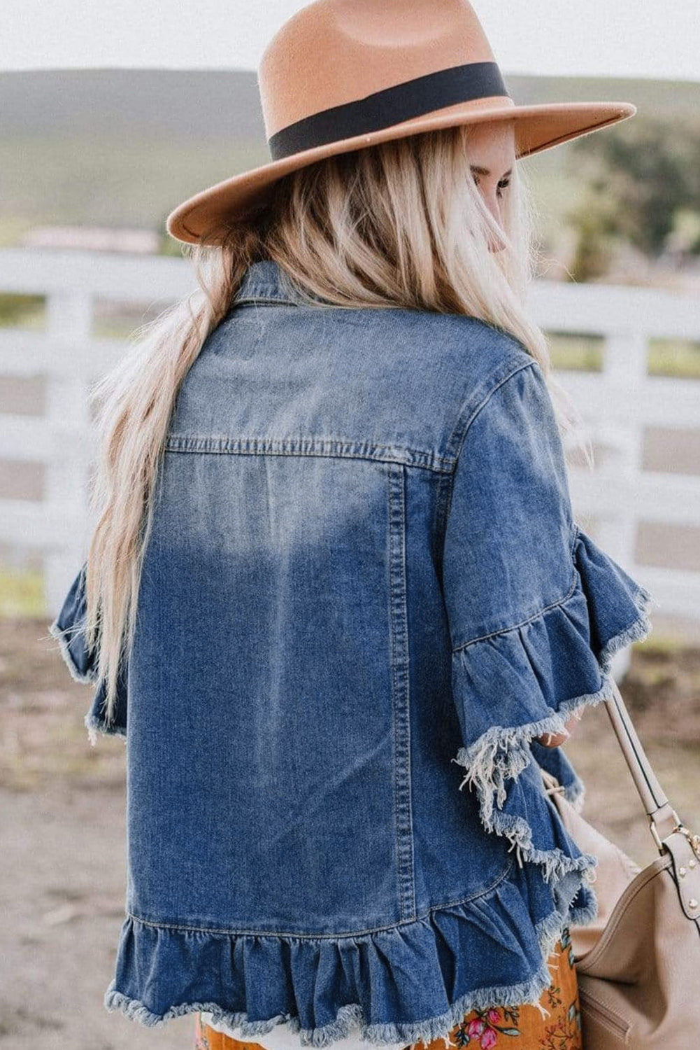 Peacock Blue Raw Edge Ruffled Short Sleeve Denim Jacket | Outerwear/Denim jackets