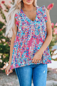 Boho Pattern Print Flounce V Neck Tank Top | Tops/Tank Tops