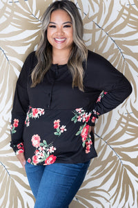 Black Plus Size Floral Printed Splicing Half Button Top | Plus Size/Plus Size Tops/Plus Size Long Sleeve Tops