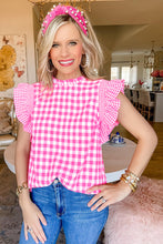 Load image into Gallery viewer, Ruffled Sleeve Top | Rose Red Checkered Blouse
