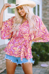 Boho Floral Print Belted Surplice Blouse | Tops/Blouses & Shirts