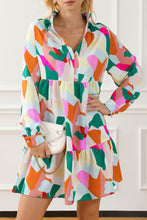 Load image into Gallery viewer, Multicolour Geometric Print Stand Neck Balloon Sleeve Ruffled Dress
