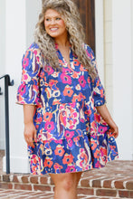 Load image into Gallery viewer, Blue Plus Size Floral Print Ruffled 3/4 Sleeve Mini Dress | Plus Size/Plus Size Dresses/Plus Size Mini Dresses
