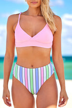 Load image into Gallery viewer, Pink Solid Color Top and Striped Bottom Bikini Set | Swimwear/Bikinis
