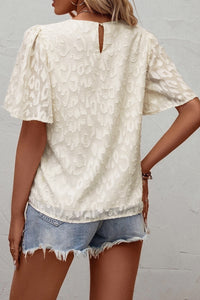 Butterfly Sleeve Blouse | Beige Elegant Jacquard Top