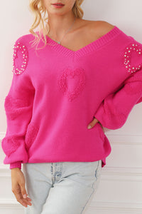 Rose Red Fuzzy Hearts V Neck Sweater