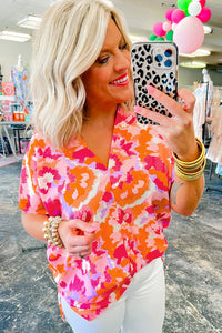 Summer Blouse | Rose Red Abstract Print V Neck Top