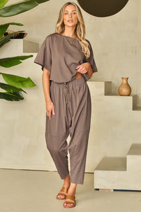 Crop Pants Set | Taupe High Low Boxy Fit Tee and Pants