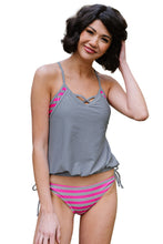 Load image into Gallery viewer, Light Gray Tankini with Stripes Patchwork | Swimwear/Tankinis
