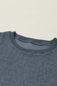 Pullover Sweatshirt | Blue Solid Ribbed Knit Round Neck