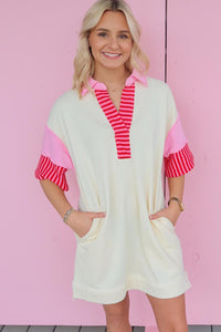 Patchwork T Shirt Dress | White Stripe Color-Block Short Sleeve Top