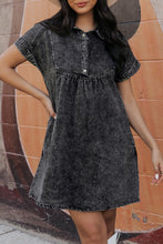 Load image into Gallery viewer, Denim Dress | Black Acid Wash Button Front Short Sleeve
