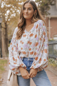 Multicolour Floral Print V Neck Puffy Lantern Sleeve Blouse