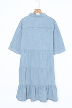 Load image into Gallery viewer, Sky Blue Ruffled Denim Full Buttoned Midi Dress | Dresses/Midi Dresses
