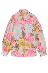 Pink All Floral Puff Sleeve Collared Shirt | Tops/Blouses & Shirts