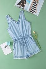 Load image into Gallery viewer, Beau Blue Studded V Neck Raw Hem Sleeveless Denim Romper
