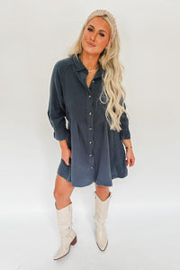 Sail Blue 3/4 Ruffled Sleeve Buttoned Crinkled Shirt Dress | Dresses/Mini Dresses