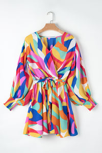 Puff Sleeve Dress | Multicolor Abstract Printed Belted