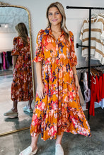 Load image into Gallery viewer, Orange Abstract Print Pleated Half Sleeve Buttoned Maxi Dress | Dresses/Maxi Dresses
