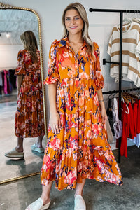 Orange Abstract Print Pleated Half Sleeve Buttoned Maxi Dress | Dresses/Maxi Dresses