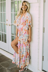 Multicolor Tropical Floral Print Ruched V Neck Maxi Dress | Dresses/Floral Dresses