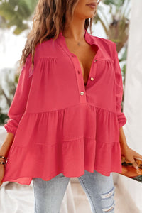 Long Sleeve Blouse | Rose Half Buttoned Ruffle Tiered