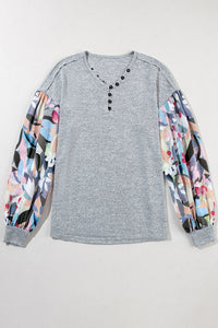 V Neck Top | Gray Floral Lantern Sleeve Patchwork Blouse