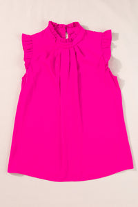 Pink Sleeveless Top | Pleated Mock Neck Frilled Sleeveless Top