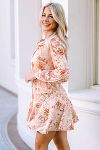 Orange Bubble Sleeve Cinched Waist Floral Dress | Dresses/Floral Dresses