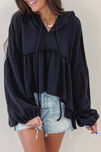 Load image into Gallery viewer, Black Oversized Ruffled High Low Hem Drop Shoulder Hoodie | Tops/Sweatshirts &amp; Hoodies
