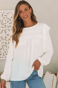 White Lace Eyelet Ruffle Shoulder Long Sleeve Blouse | Tops/Blouses & Shirts