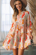 Load image into Gallery viewer, Multicolour Split Neck Puff Sleeve Flowy Printed Dress | Dresses/Mini Dresses
