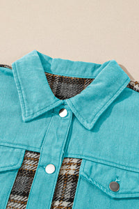 Sky Blue Plaid Patchwork Pockets Denim Jacket | Outerwear/Denim jackets