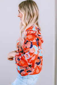 Puff Sleeve Blouse | Fiery Red Floral Print Ruffle