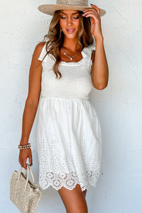 Mini Dress | White Adjustable Tie Straps Smocked Dress