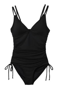 Black Adjustable Straps Ribbed Knit One Piece Swimsuit | Swimwear/One Piece Swimsuit