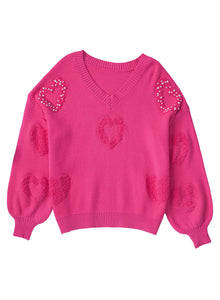 Rose Red Fuzzy Hearts V Neck Sweater