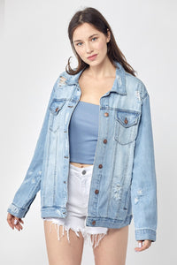Womens Denim Jacket | RISEN Full Size Distressed Long Sleeve Denim Jacket | Denim Jacket