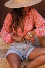 Load image into Gallery viewer, Pink Bubble Sleeve Floral Shirt with Lace up | Tops/Blouses &amp; Shirts
