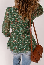 Load image into Gallery viewer, Green Floral Print Wrap V Neck Peplum Top | Tops/Blouses &amp; Shirts
