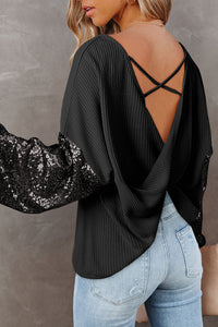 Waffle Knit Top | Black Sequin Patchwork Sleeve Open Back