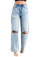 Load image into Gallery viewer, Sky Blue Distressed Hollow-out Knees Wide Leg Jeans | Bottoms/Jeans
