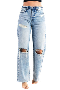 Sky Blue Distressed Hollow-out Knees Wide Leg Jeans | Bottoms/Jeans