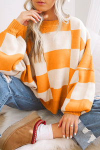 Orange Checkered Bishop Sleeve Sweater | Tops/Sweaters & Cardigans