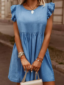 Womens Denim Dress | Full Size Ruffled Round Neck Cap Sleeve Denim Dress | Dress