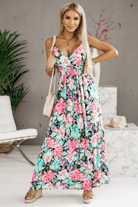 Green Sling V-Neck Elastic Waist Floral Maxi Dress | Dresses/Maxi Dresses