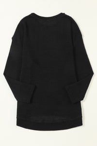 Oversized Top | Black Waffle Knit High Slits