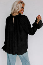 Load image into Gallery viewer, Black Striking Pleated Flared Cuff Long Sleeve Blouse | Tops/Blouses &amp; Shirts
