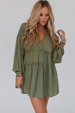 Load image into Gallery viewer, Green V Neck Puff Sleeve Frill Tiered Mini Dress | Dresses/Mini Dresses
