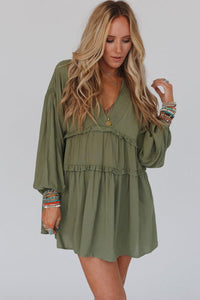 Green V Neck Puff Sleeve Frill Tiered Mini Dress | Dresses/Mini Dresses